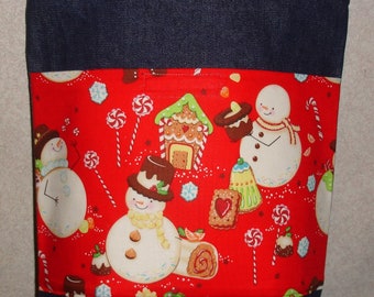 New Handmade Medium Snowman Christmas Treats Holiday Denim Tote Bag