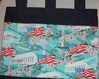 New Handmade Denim Walker Bag Washington DC Cherry Blossoms Patriotic Theme