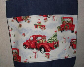 New Large Handmade Christmas Country Classic Americana Truck Holiday Denim Tote Bag