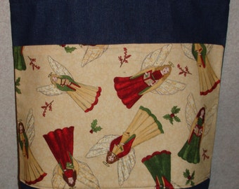 New Handmade Christmas Singing Angels on Gold Background Holiday Large Denim Tote Bag