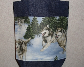 New Small Handmade Wolf Snow Wildlife Denim Tote Bag Purse