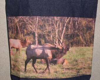 New Handmade Bull Elk Wildlife Original Photo Photograph Fabric Large Denim Tote Bag