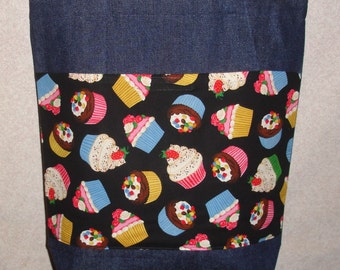 New Handmade Large Denim tote Bag Cupcakes on Black Theme