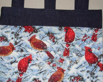 New Handmade Denim Walker Bag Snow Cardinals Theme