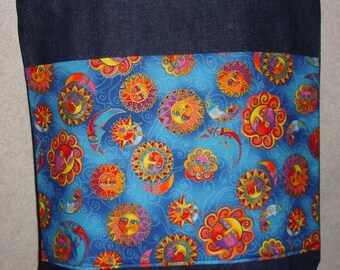 New Large Denim Tote Bag Handmade with Laurel Burch Celestial Fabric