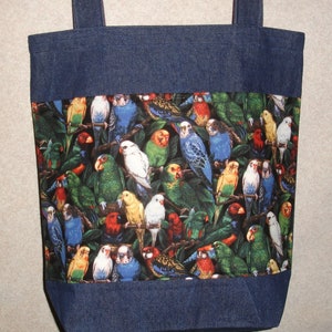 New Large Handmade Colorful Parakeet Tropical Bird Reusable Eco Denim Tote Bag