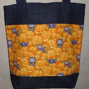 New Handmade Black Cats Pumpkins Halloween Large Denim Treat Tote Bag