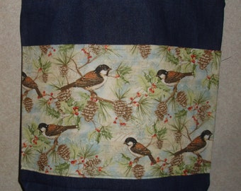 New Large Handmade Chickadee Bird Winter Country Holiday Christmas Denim Tote Bag