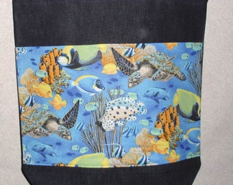 New Handmade Large Denim Sea Turtle Tropical Sea Tote Bag