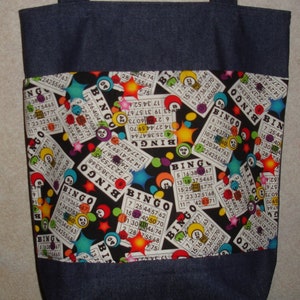 New Large Handmade Bingo Games Cards Black Background Denim Tote Bag