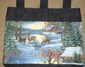 New Handmade Denim Walker Tote Bag Holiday Winter Christmas Winter Village Theme