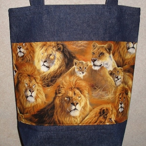 New Handmade Large Lion Family Toss Print Wildlife Denim Tote Bag