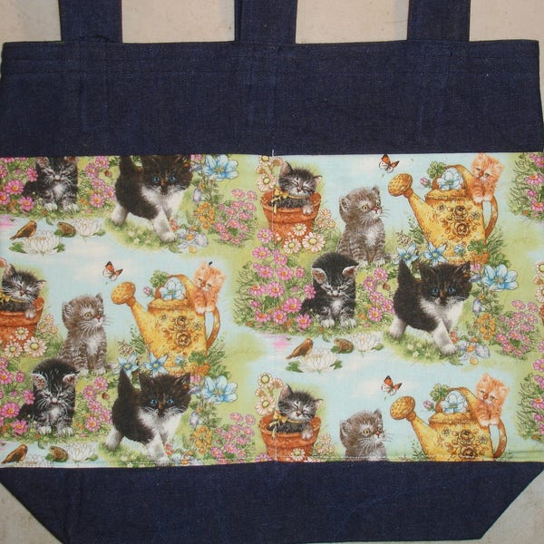 Cat Walker Bag Kittens Kitties in the Garden Tote Bag Durable Practical Washable Denim with Pockets Handmade