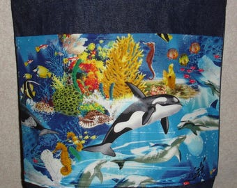 New Medium Handmade Tropical Whale Reef Ocean Beach Denim Tote Bag