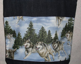 New Large Handmade Denim Wolf Wolves Wildlife Tote Bag