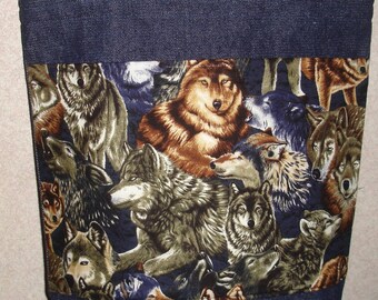 New Medium Handmade Denim Wolf Wolves Packed Wildlife Tote Bag