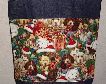 New Medium Handmade Christmas Tree Puppy Puppies Denim Tote Bag Purse