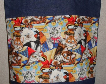 New Large Handmade Sewing Quilt Cats Kitty Kitten Denim Tote Shopping Bag