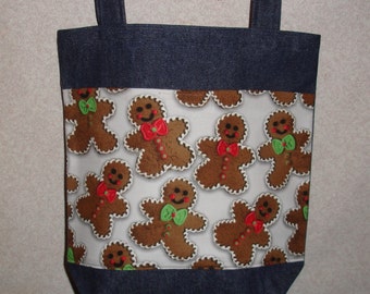 New Medium Handmade Gingerbread Man on Wt Background Holiday Denim Tote Bag