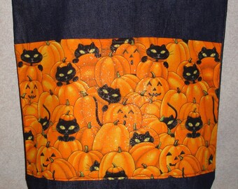 New Large Handmade Halloween Jack O Lantern Pumpkin Cool Cats Denim Treat Tote Bag