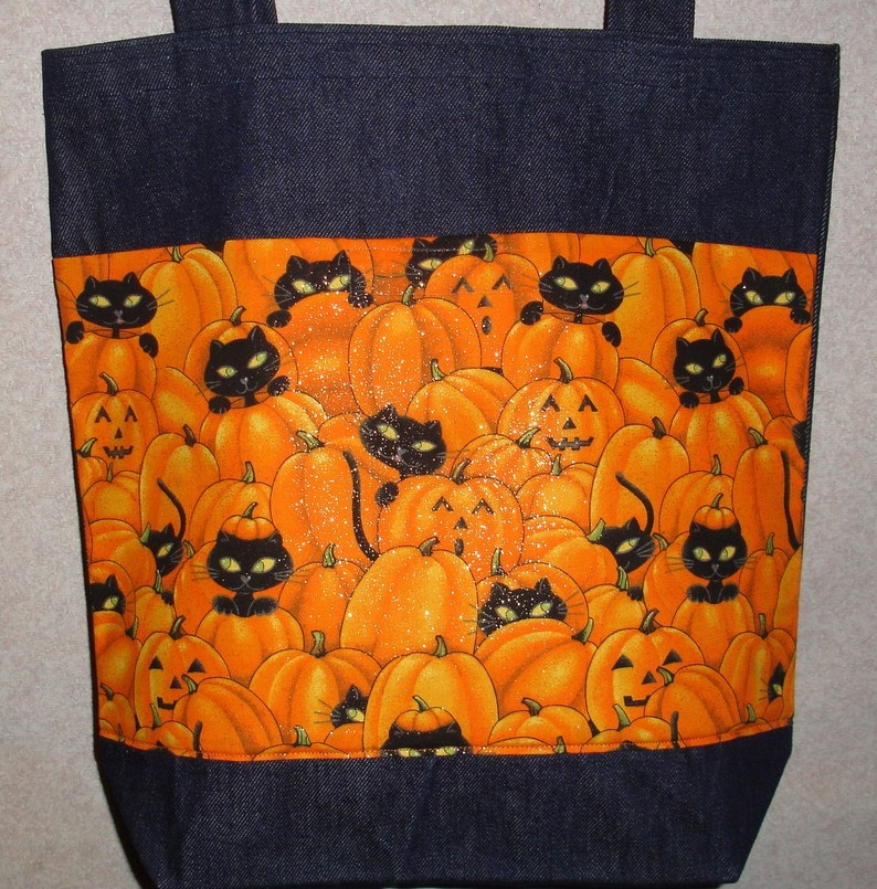New Large Handmade Halloween Jack O Lantern Pumpkin Cool Cats Denim Treat Tote Bag image 1