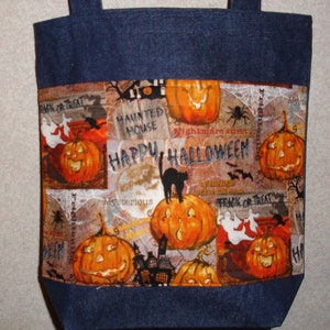 New Handmade Medium Funny Jack o Lanterns Pumpkin Halloween Denim Tote Bag