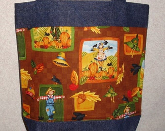 New Medium Handmade Autumn Fall Scarecrow Squares Harvest Denim Tote Bag