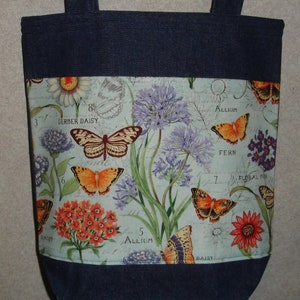 New Handmade Medium Butterfly Flowers Floral Garden Denim Tote Bag
