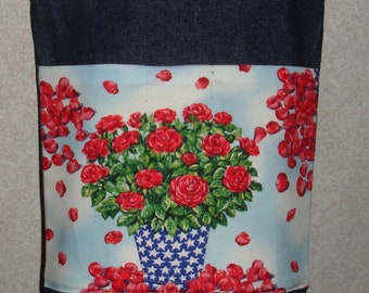 New Small Handmade Patriotic Roses Flowers USA Denim Tote Bag Purse