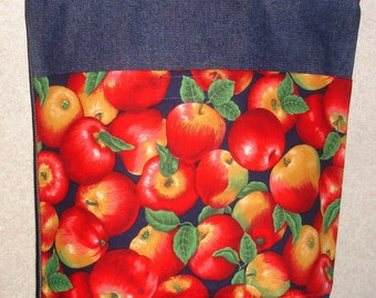 New Handmade Medium Denim Tote Bag Country Red Apples Theme