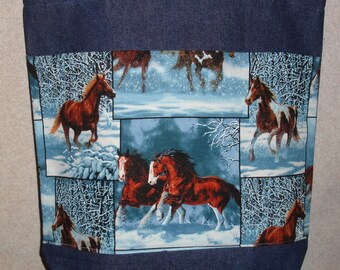 New Handmade Large Winter Horse Snow Squares Denim Tote Bag