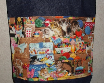 New Medium Handmade Cats Kittens Pet Kitty Sewing Craft Denim Tote Bag