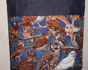 New Handmade Medium Owl Nature Bird Denim Tote Bag