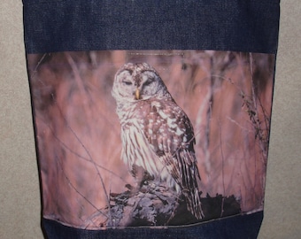 New Handmade Barred Owl Bird Original Photograph Photo Large Denim Tote Bag