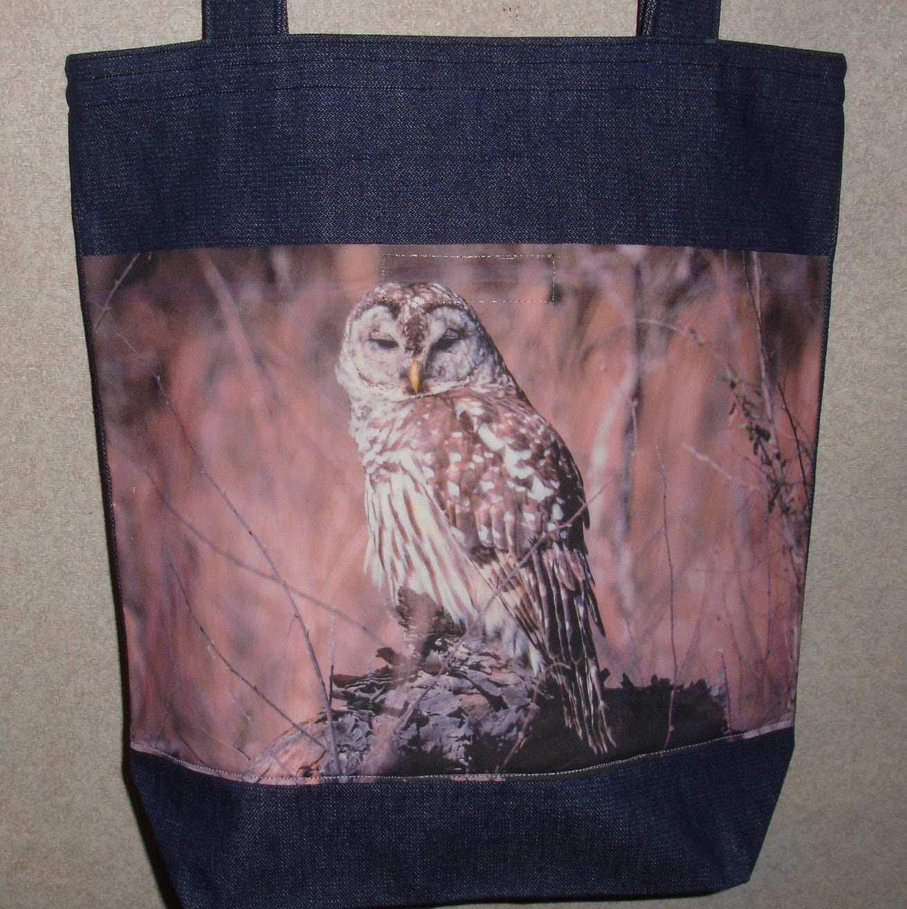 New Handmade Barred Owl Bird Original Photograph Photo Large Denim Tote Bag