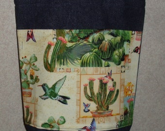 New Small Handmade Hummingbird Cactus SW Denim Tote Bag