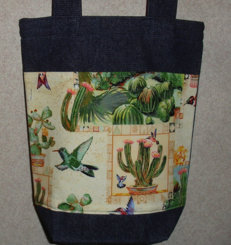 New Small Handmade Hummingbird Cactus SW Denim Tote Bag