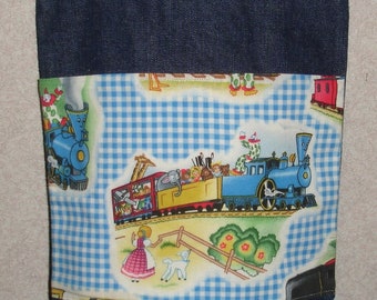 New Small Denim Tote Bag Handmade with Little Engine that Could Train Fabric