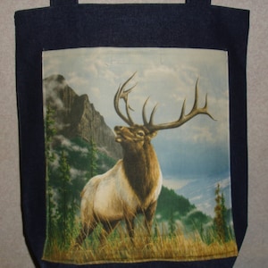 New Handmade Large Elk Bull Wildlife Panel Denim Tote Bag