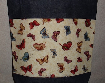 New Large Handmade Butterfly Butterflies on cream Background Denim Tote Bag