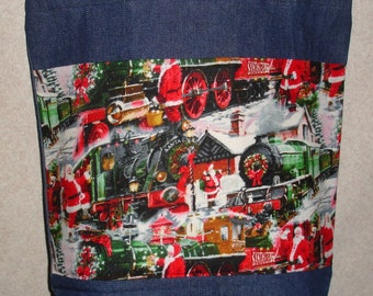 New Large Handmade Santa Train Holiday Winter Christmas Denim Tote Bag