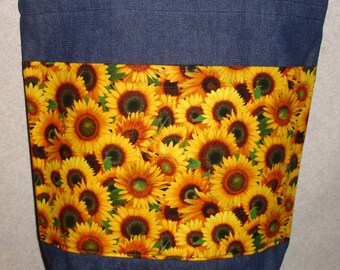 New Handmade Bright Packed Sunflowers Ladybugs Large Denim Tote Bag