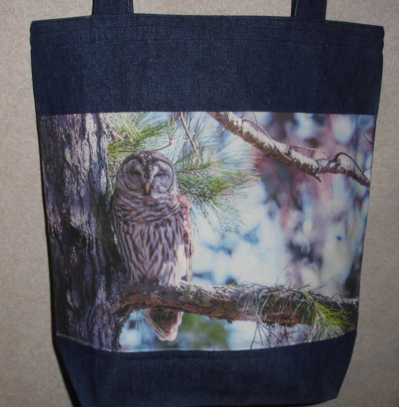 New Handmade Barred Owl Pine Tree Bird Original Photograph Photo Large Denim Tote Bag