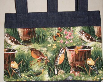 New Handmade Denim Walker Bag Backyard Garden Birds Theme