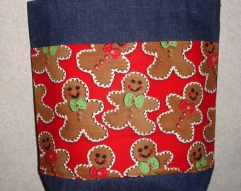 New Medium Handmade Gingerbread Man Holiday Christmas Denim Tote Bag