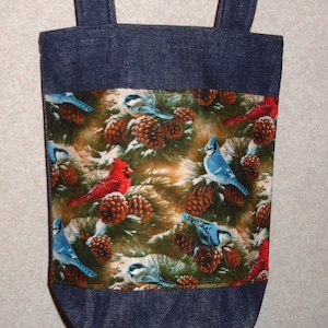 New Small Handmade Birds Cardinal Chickadee Bluejay Pine Snow Winter Christmas Tote Bag