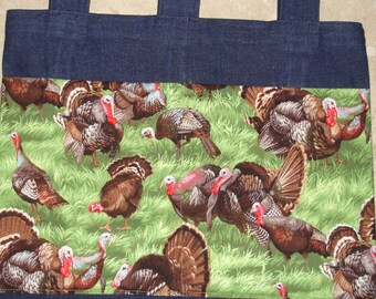 New Handmade Denim Walker Tote Bag Wild Turkey Birds Theme