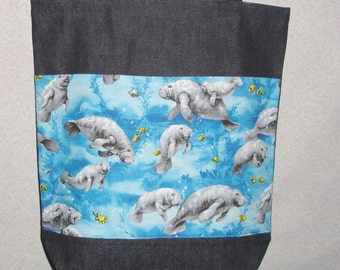 New Handmade Large Denim Manatee Sea Tote Bag