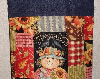 New Small Handmade Scarecrow Harvest Autumn Denim Tote Bag Purse