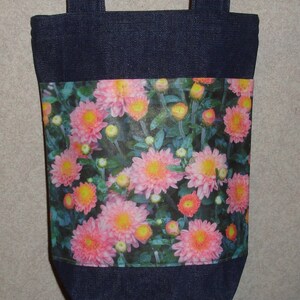 New Handmade Mums floral Flowers Original Photo Photograph Fabric Small Denim Tote Bag